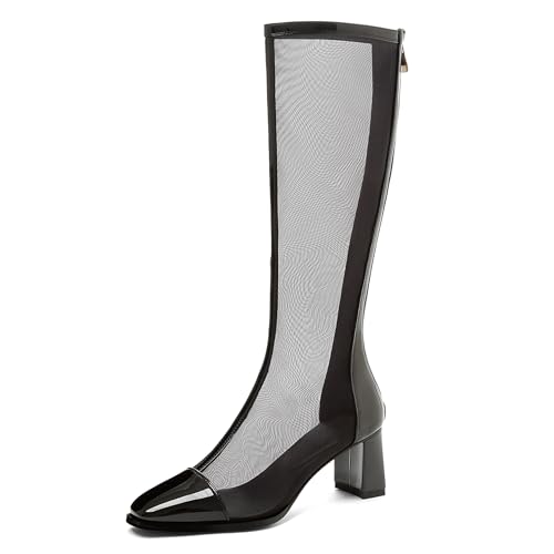 LarDorLin Damen Sommer Elegant Square Toe Mesh Stiefel Hochzeit Blockabsatz Mode Chelsea Zip Riding Booty Schwarz/Knee Gr 36.5 EU (37 Cn) von LarDorLin