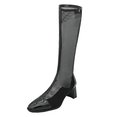 LarDorLin Damen Sommer Elegant Square Toe Mesh Stiefel Hochzeit Blockabsatz Mode Chelsea Zip Riding Booty Schwarz/Knee Gr 41 EU (43 Cn) von LarDorLin
