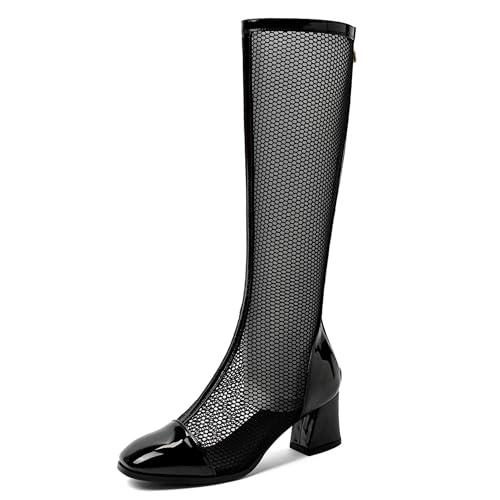 LarDorLin Damen Sommer Elegant Square Toe Mesh Stiefel Hochzeit Blockabsatz Mode Chelsea Zip Riding Booty Schwarz/Knee Gr 51 EU (53 Cn) von LarDorLin