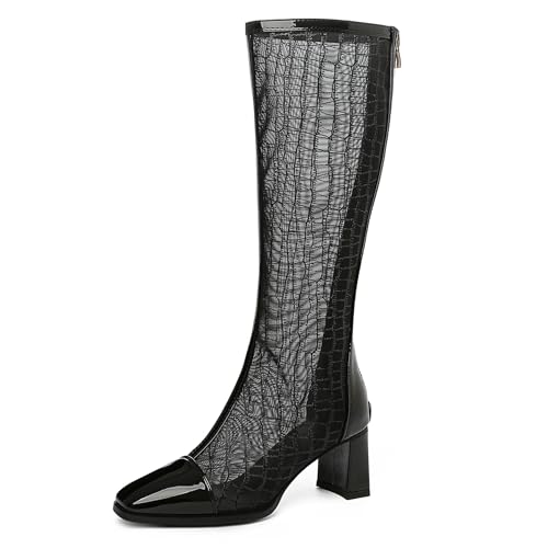 LarDorLin Damen Sommer Elegant Square Toe Mesh Stiefel Hochzeit Blockabsatz Mode Chelsea Zip Riding Booty Schwarz Gr 40.5 EU (42 Cn) von LarDorLin
