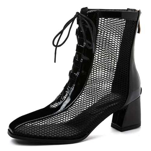 LarDorLin Damen Sommer Elegant Square Toe Mesh Stiefel Hochzeit Blockabsatz Mode Chelsea Zip Riding Booty Schwarz Gr 41 EU (43 Cn) von LarDorLin