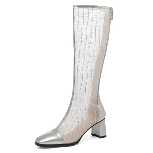 LarDorLin Damen Sommer Elegant Square Toe Mesh Stiefel Hochzeit Blockabsatz Mode Chelsea Zip Riding Booty Silber Gr 48 EU (50 Cn) von LarDorLin