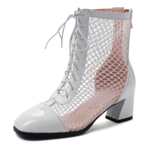 LarDorLin Damen Sommer Elegant Square Toe Mesh Stiefel Hochzeit Blockabsatz Mode Chelsea Zip Riding Booty Weiß/Ankle-5.5Cm Gr 47 EU (49 Cn) von LarDorLin