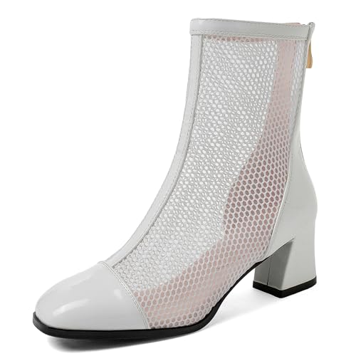 LarDorLin Damen Sommer Elegant Square Toe Mesh Stiefel Hochzeit Blockabsatz Mode Chelsea Zip Riding Booty Weiß/Ankle Gr 50 EU (52 Cn) von LarDorLin