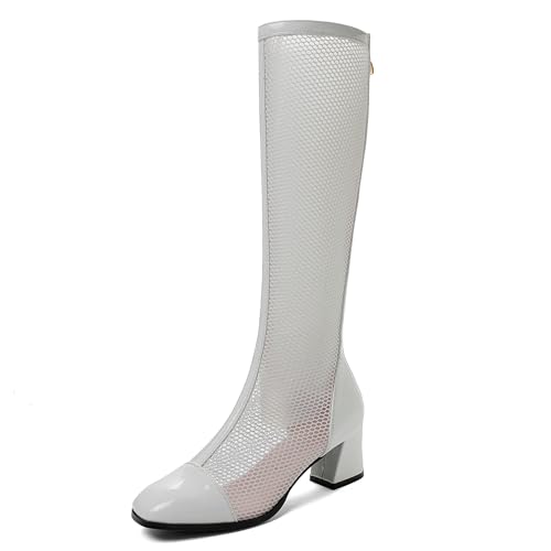 LarDorLin Damen Sommer Elegant Square Toe Mesh Stiefel Hochzeit Blockabsatz Mode Chelsea Zip Riding Booty Weiß/Knee Gr 36.5 EU (37 Cn) von LarDorLin