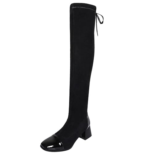 LarDorLin Damen Square Toe Mode Overknees Stretch Stiefel Wildleder Ohne Verschluss Winter Elegant Block Stiefel Booty Schule Schwarz Gr 38 EU (39 Cn) von LarDorLin