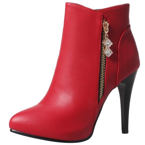 LarDorLin Damen Stilettos Winter Buro Stiefeletten Elegant Pointed Toe Mode Abend Höhe Ferse Warm Stiefeletten Rot Gr 43 EU (45 Cn) von LarDorLin