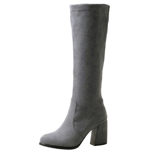 LarDorLin Damen Wildleder Knee High Komfort Stretch Stiefel Runde Zehen Winter Mode Blockabsatz Ohne Verschluss Warm Booty Grau Gr 48 EU (50 Cn) von LarDorLin