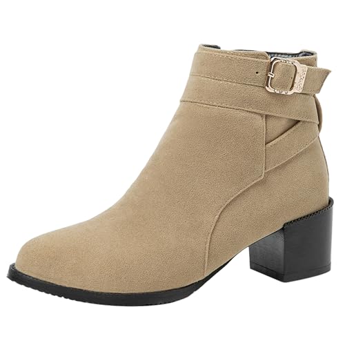 LarDorLin Damen Winter Blockabsatz Chelsea Stiefel Draußen Warm Runde Zehen Mode Chunky Komfort Ankle Stiefeletten Zip Aprikose Gr 36 EU von LarDorLin