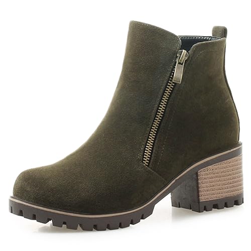 LarDorLin Damen Winter Blockabsatz Chelsea Stiefel Draußen Warm Runde Zehen Mode Chunky Komfort Ankle Stiefeletten Zip Grün Gr 38 EU (39 Cn) von LarDorLin