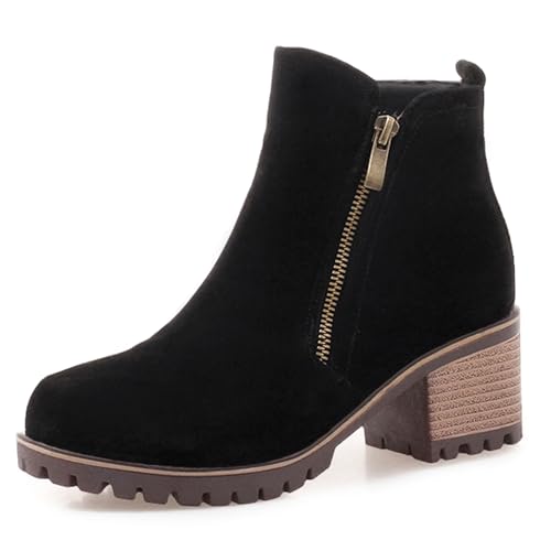 LarDorLin Damen Winter Blockabsatz Chelsea Stiefel Draußen Warm Runde Zehen Mode Chunky Komfort Ankle Stiefeletten Zip Schwarz Gr 44 EU (46 Cn) von LarDorLin