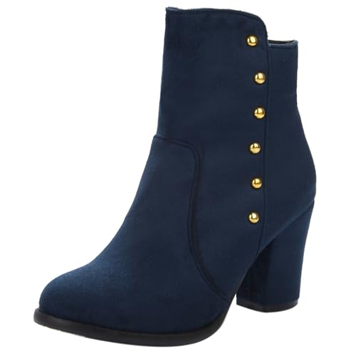 LarDorLin Damen Winter Buro Blockabsatz Stiefeletten Reißverschluss Elegant Chelsea Runde Zehen Warm Chunky Wildleder Stiefeletten Bogen Blau Gr 44 EU (46 Cn) von LarDorLin