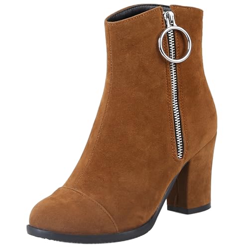 LarDorLin Damen Winter Buro Blockabsatz Stiefeletten Reißverschluss Elegant Chelsea Runde Zehen Warm Chunky Wildleder Stiefeletten Bogen Camel Gr 33 EU von LarDorLin