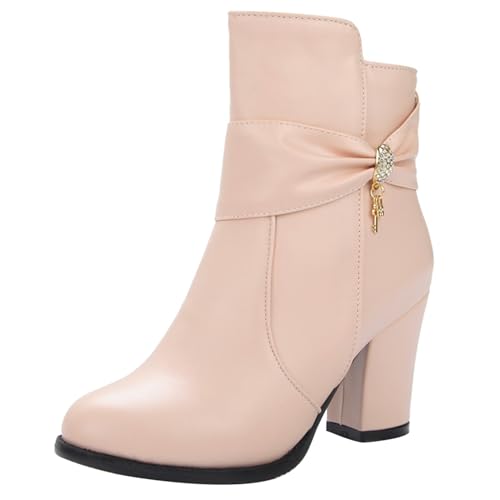 LarDorLin Damen Winter Buro Blockabsatz Stiefeletten Reißverschluss Elegant Chelsea Runde Zehen Warm Chunky Wildleder Stiefeletten Bogen Pink Gr 49 EU (51 Cn) von LarDorLin