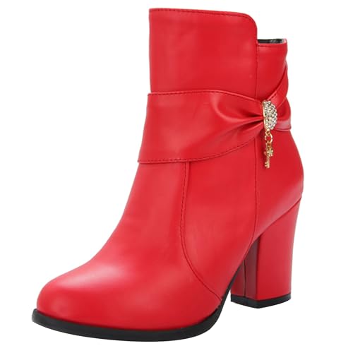 LarDorLin Damen Winter Buro Blockabsatz Stiefeletten Reißverschluss Elegant Chelsea Runde Zehen Warm Chunky Wildleder Stiefeletten Bogen Rot Gr 41 EU (43 Cn) von LarDorLin