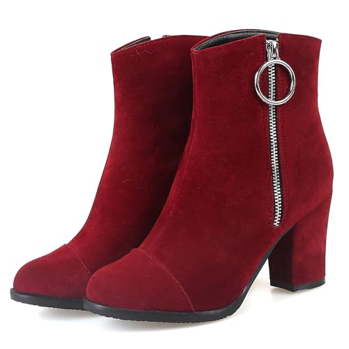 LarDorLin Damen Winter Buro Blockabsatz Stiefeletten Reißverschluss Elegant Chelsea Runde Zehen Warm Chunky Wildleder Stiefeletten Bogen Rotwein Gr 33 EU von LarDorLin