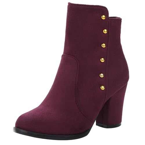 LarDorLin Damen Winter Buro Blockabsatz Stiefeletten Reißverschluss Elegant Chelsea Runde Zehen Warm Chunky Wildleder Stiefeletten Bogen Rotwein Gr 35 EU von LarDorLin