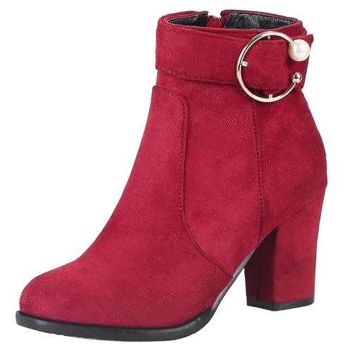 LarDorLin Damen Winter Buro Blockabsatz Stiefeletten Reißverschluss Elegant Chelsea Runde Zehen Warm Chunky Wildleder Stiefeletten Bogen Rotwein Gr 51 EU (53 Cn) von LarDorLin