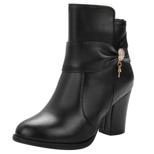 LarDorLin Damen Winter Buro Blockabsatz Stiefeletten Reißverschluss Elegant Chelsea Runde Zehen Warm Chunky Wildleder Stiefeletten Bogen Schwarz Gr 33 EU von LarDorLin