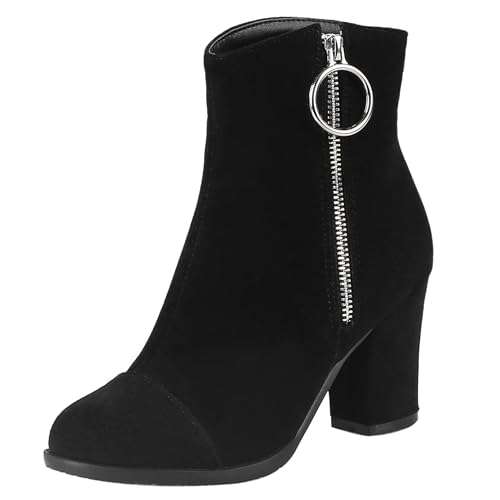 LarDorLin Damen Winter Buro Blockabsatz Stiefeletten Reißverschluss Elegant Chelsea Runde Zehen Warm Chunky Wildleder Stiefeletten Bogen Schwarz Gr 34 EU von LarDorLin