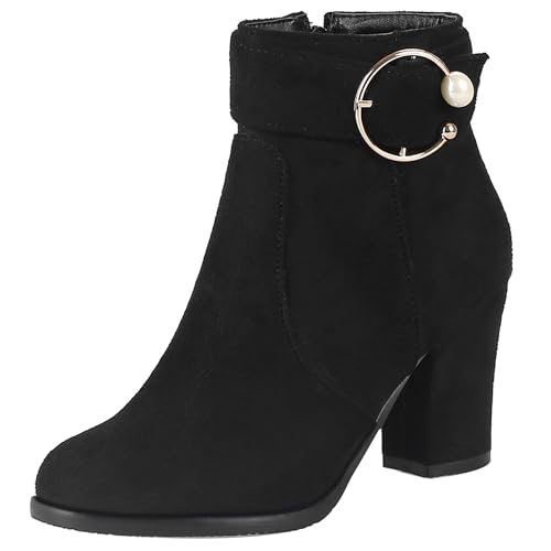 LarDorLin Damen Winter Buro Blockabsatz Stiefeletten Reißverschluss Elegant Chelsea Runde Zehen Warm Chunky Wildleder Stiefeletten Bogen Schwarz Gr 49 EU (51 Cn) von LarDorLin