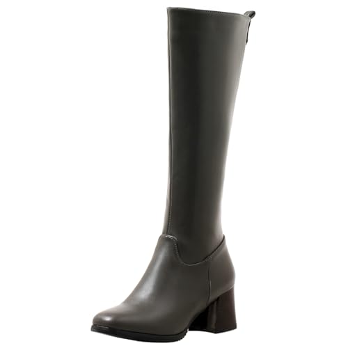 LarDorLin Damen Winter Mode Blockabsatz Equestrian Reitstiefel Komfort Runde Zehen Reißverschluss Chunky Warm Booty Grau Gr 35 EU von LarDorLin