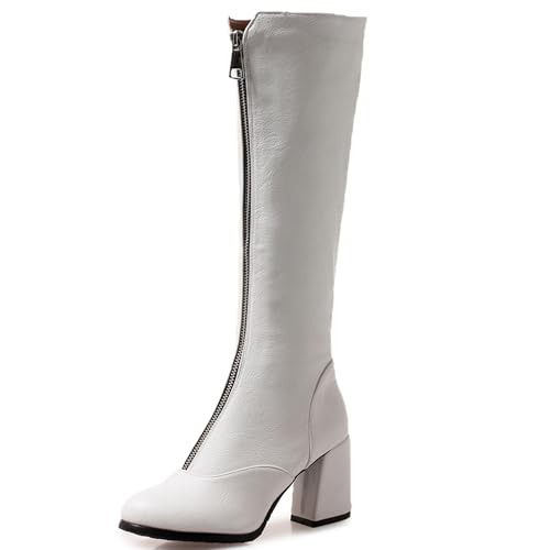 LarDorLin Damen Winter Mode Blockabsatz Equestrian Reitstiefel Komfort Runde Zehen Reißverschluss Chunky Warm Booty Weiß Gr 34 EU von LarDorLin