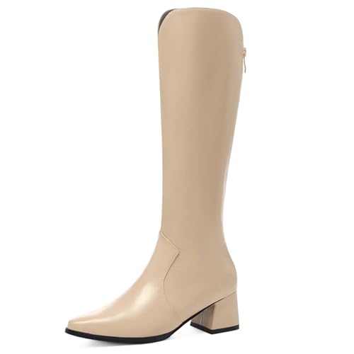 LarDorLin Damen Winter Mode Blockabsatz Kniehohe Stiefel Buro Arbeit Warm Pointed Toe Riding Booty Square Toe Elegant Aprikose Gr 50 EU (52 Cn) von LarDorLin