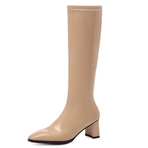 LarDorLin Damen Winter Mode Blockabsatz Kniehohe Stiefel Buro Arbeit Warm Pointed Toe Riding Booty Square Toe Elegant Aprikose Gr 50 EU (52 Cn) von LarDorLin