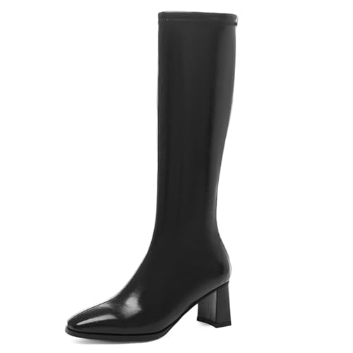 LarDorLin Damen Winter Mode Blockabsatz Kniehohe Stiefel Buro Arbeit Warm Pointed Toe Riding Booty Square Toe Elegant Schwarz Gr 46 EU (48 Cn) von LarDorLin