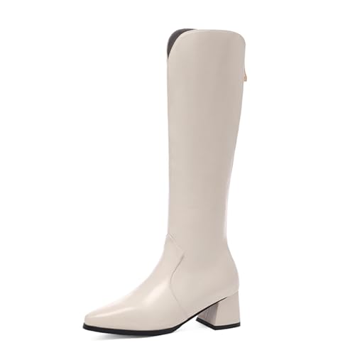 LarDorLin Damen Winter Mode Blockabsatz Kniehohe Stiefel Buro Arbeit Warm Pointed Toe Riding Booty Square Toe Elegant Weiß Gr 44 EU (46 Cn) von LarDorLin