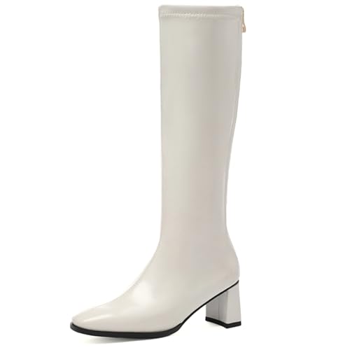 LarDorLin Damen Winter Mode Blockabsatz Kniehohe Stiefel Buro Arbeit Warm Pointed Toe Riding Booty Square Toe Elegant Weiß Gr 44 EU (46 Cn) von LarDorLin