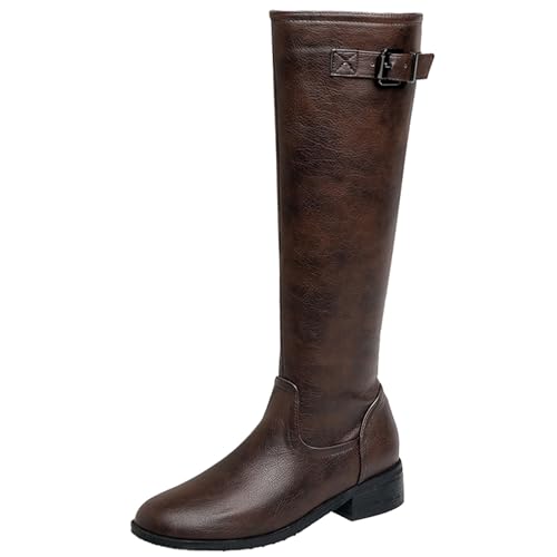 LarDorLin Damen Winter Mode Knee High Komfort Reitstiefel Runde Zehen Leisure Low Mid Block Stiefel Warm Equestrian Retro Braun Gr 50 EU (52 Cn) von LarDorLin