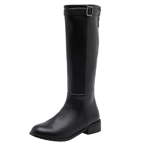 LarDorLin Damen Winter Mode Knee High Komfort Reitstiefel Runde Zehen Leisure Low Mid Block Stiefel Warm Equestrian Retro Schwarz-P Gr 51 EU (53 Cn) von LarDorLin