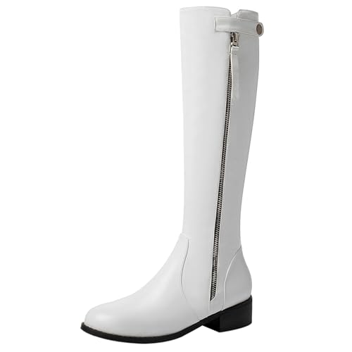 LarDorLin Damen Winter Mode Knee High Komfort Reitstiefel Runde Zehen Leisure Low Mid Block Stiefel Warm Equestrian Retro Weiß Gr 34 EU von LarDorLin