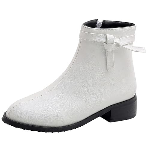 LarDorLin Damen Winter Mode Low Blockabsatz Chelsea Stiefel Komfort Runde Zehen Buro Warm Ankle Stiefeletten Leisure Weiß Gr 33 EU von LarDorLin