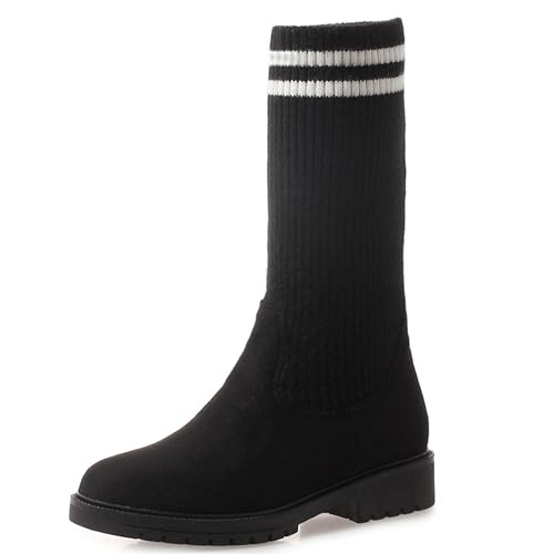 LarDorLin Damen Winter Mode Runde Zehen Stretch Stiefel Wildleder Ohne Verschluss Damen Schule Komfort Low Blockabsatz Booty Schwarz/Half Gr 45 EU (47 Cn) von LarDorLin