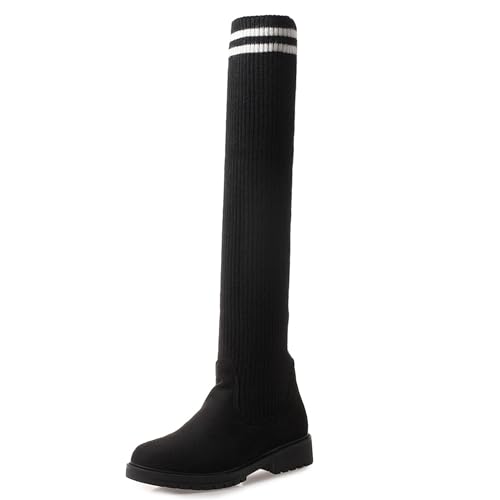 LarDorLin Damen Winter Mode Runde Zehen Stretch Stiefel Wildleder Ohne Verschluss Damen Schule Komfort Low Blockabsatz Booty Schwarz/Overknees Gr 47 EU (49 Cn) von LarDorLin