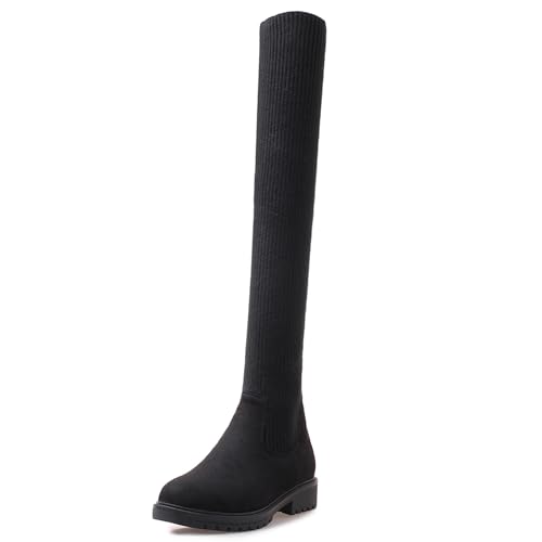 LarDorLin Damen Winter Mode Runde Zehen Stretch Stiefel Wildleder Ohne Verschluss Damen Schule Komfort Low Blockabsatz Booty Schwarz Gr 34 EU von LarDorLin