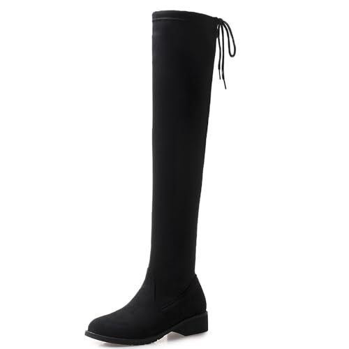 LarDorLin Damen Winter Mode Runde Zehen Stretch Stiefel Wildleder Ohne Verschluss Damen Schule Komfort Low Blockabsatz Booty Schwarz Gr 45 EU (47 Cn) von LarDorLin