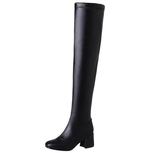 LarDorLin Damen Winter Mode Square Toe Overknees Overknees Stiefel Komfort Blockabsatz Stretch Thigh Booty Weit Fit Schwarz Gr 50 EU (52 Cn) von LarDorLin