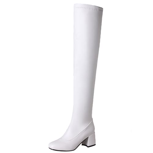 LarDorLin Damen Winter Mode Square Toe Overknees Overknees Stiefel Komfort Blockabsatz Stretch Thigh Booty Weit Fit Weiß Gr 40 EU (41 Cn) von LarDorLin