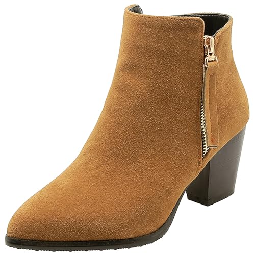 LarDorLin Damen Winter Pointed Toe Chelsea Blockabsatz Stiefeletten Buro Warm Chunky Western Cowboy Stiefeletten Klassische Gelb Gr 35 EU von LarDorLin