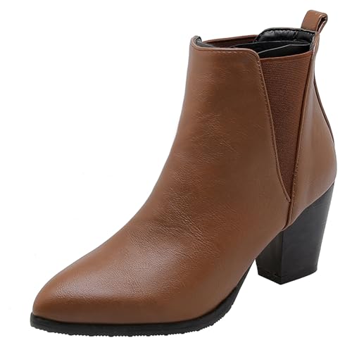 LarDorLin Damen Winter Pointed Toe Chelsea Blockabsatz Stiefeletten Buro Warm Chunky Western Cowboy Stiefeletten Klassische Gelb Gr 35 EU von LarDorLin
