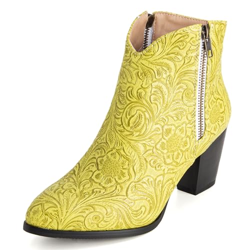 LarDorLin Damen Winter Pointed Toe Chelsea Blockabsatz Stiefeletten Buro Warm Chunky Western Cowboy Stiefeletten Klassische Gelb Gr 35 EU von LarDorLin