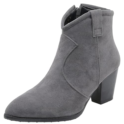 LarDorLin Damen Winter Pointed Toe Chelsea Blockabsatz Stiefeletten Buro Warm Chunky Western Cowboy Stiefeletten Klassische Grau Gr 32 EU von LarDorLin