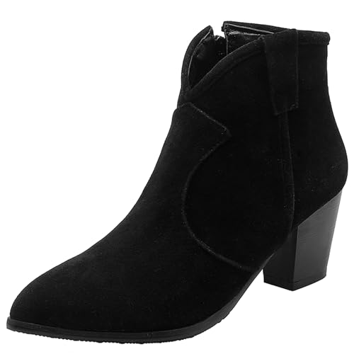 LarDorLin Damen Winter Pointed Toe Chelsea Blockabsatz Stiefeletten Buro Warm Chunky Western Cowboy Stiefeletten Klassische Schwarz Gr 35 EU von LarDorLin