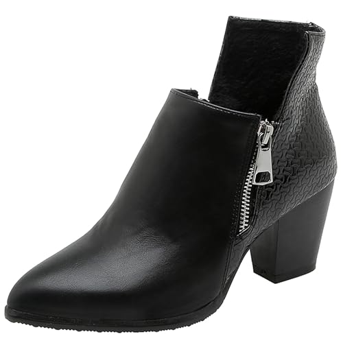 LarDorLin Damen Winter Pointed Toe Chelsea Blockabsatz Stiefeletten Buro Warm Chunky Western Cowboy Stiefeletten Klassische Schwarz-P Gr 34 EU von LarDorLin