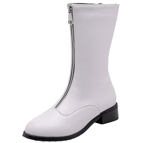 LarDorLin Damen Winter Runde Zehen Komfort Reitstiefel Draußen Warm Mode Low Blockabsatz Equestrian Chelsea Stiefeletten Weiß Gr 52 EU (54 Cn) von LarDorLin
