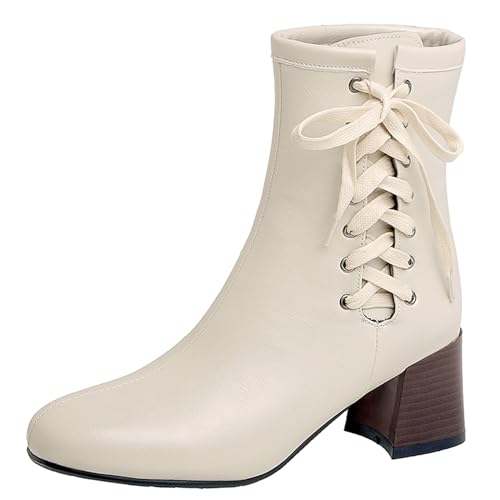 LarDorLin Damen Winter Schnüren Blockabsatz Chelsea Stiefel Runde Zehen Winter Komfort Warm Kurz Riding Stiefeletten Vintage Beige Gr 36.5 EU (37 Cn) von LarDorLin